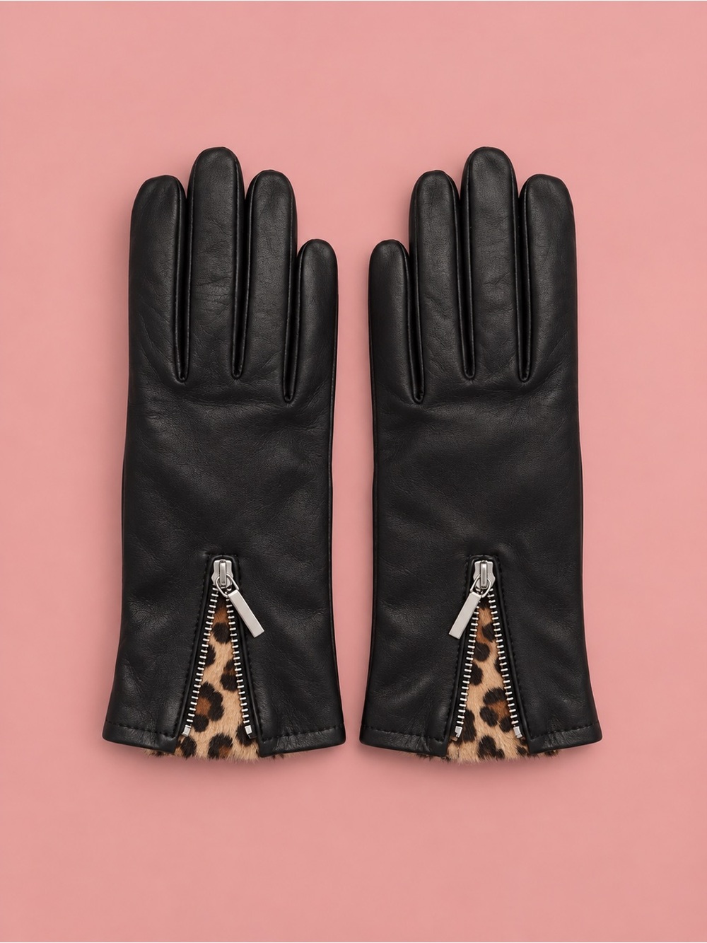 Y2K Le Château Black Leather Gloves with Leopard Print Zip Accents Size M